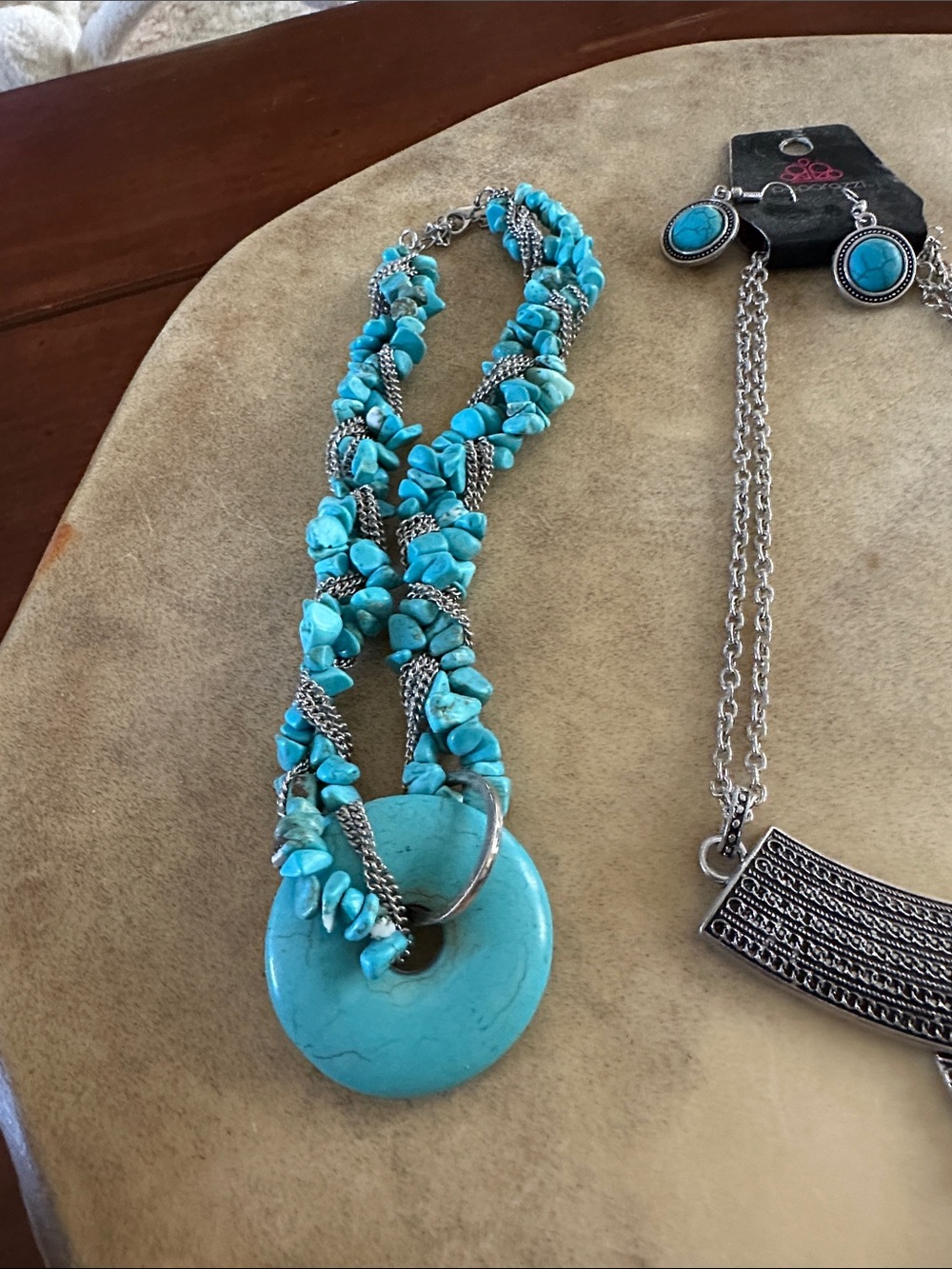 Turquoise(3) Statement Necklace with Matching Earrings - Blue Silver Accent - Picture 3 of 5